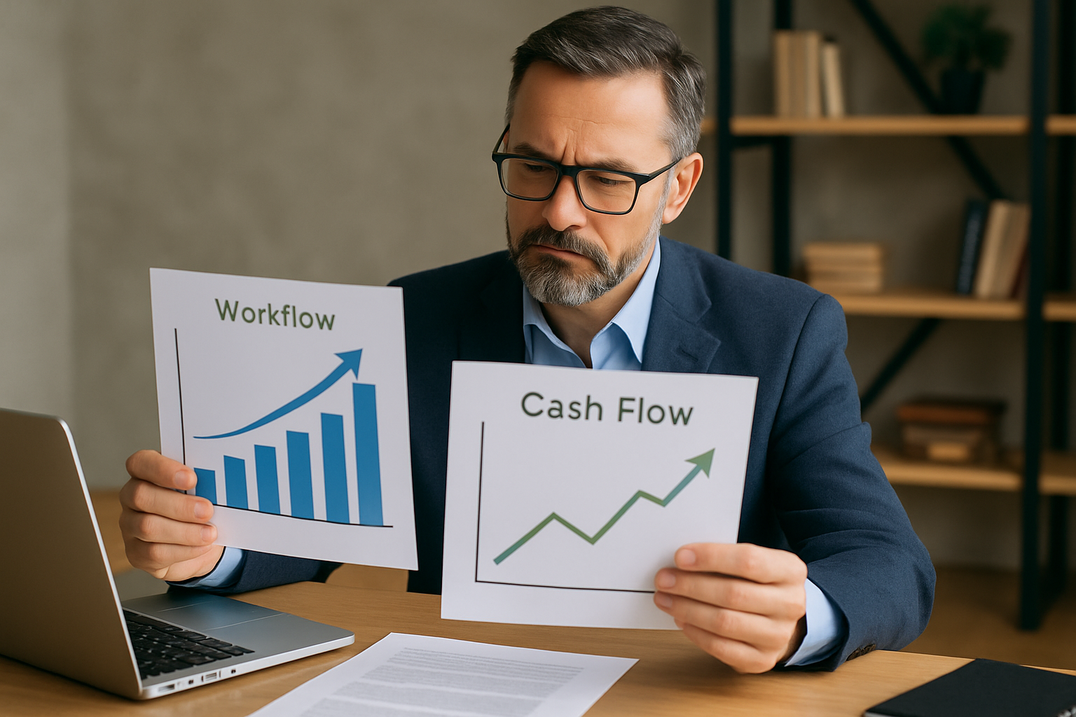 Business owner reviewing improved workflow and cash flow charts